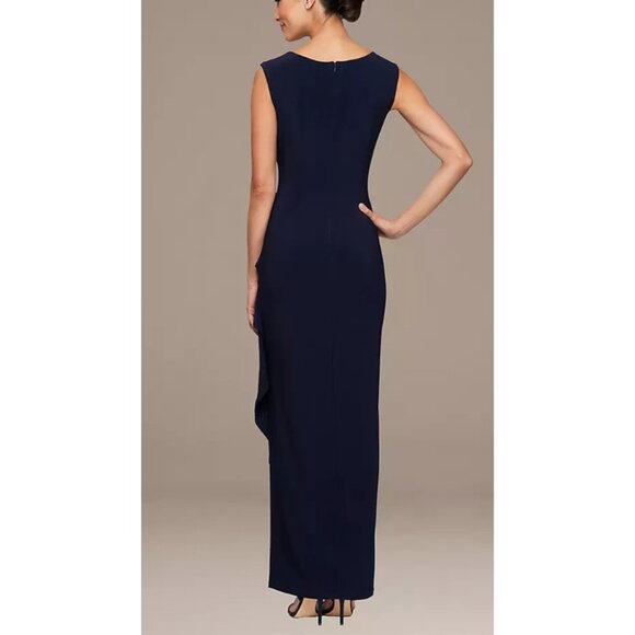 Alex Evenings Dress Navy Blue Gold 16 Long Ruffle Wedding Cruise Formal NEW - Picture 3 of 11